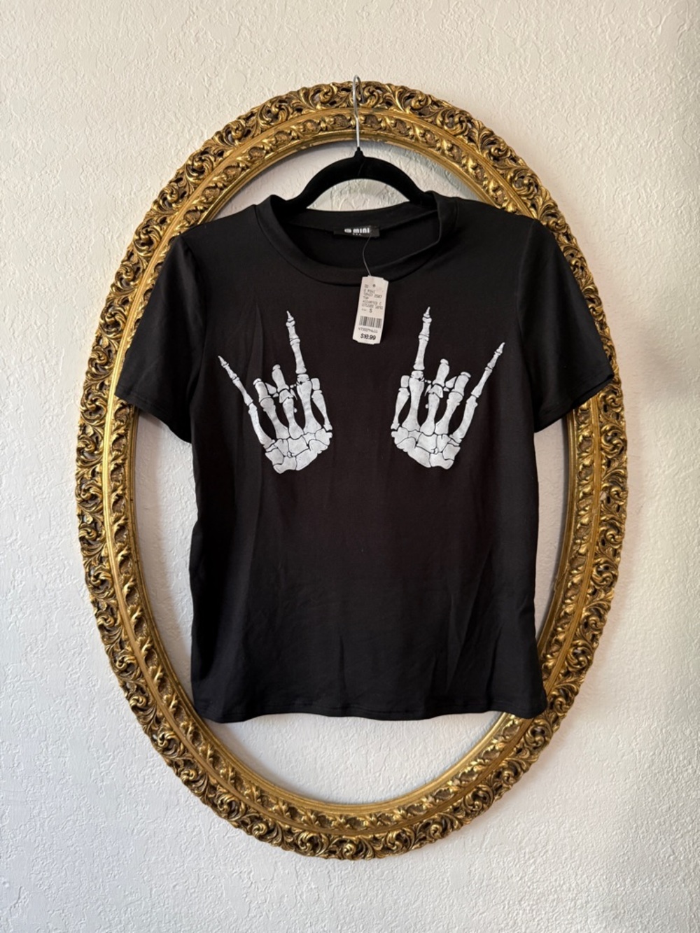Black Short Sleeve Tee with White Skeleton Hands - Women's